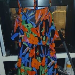 SHEIN Black Floral Cold-Shoulder Maxi Dress with Orange & Blue Blooms